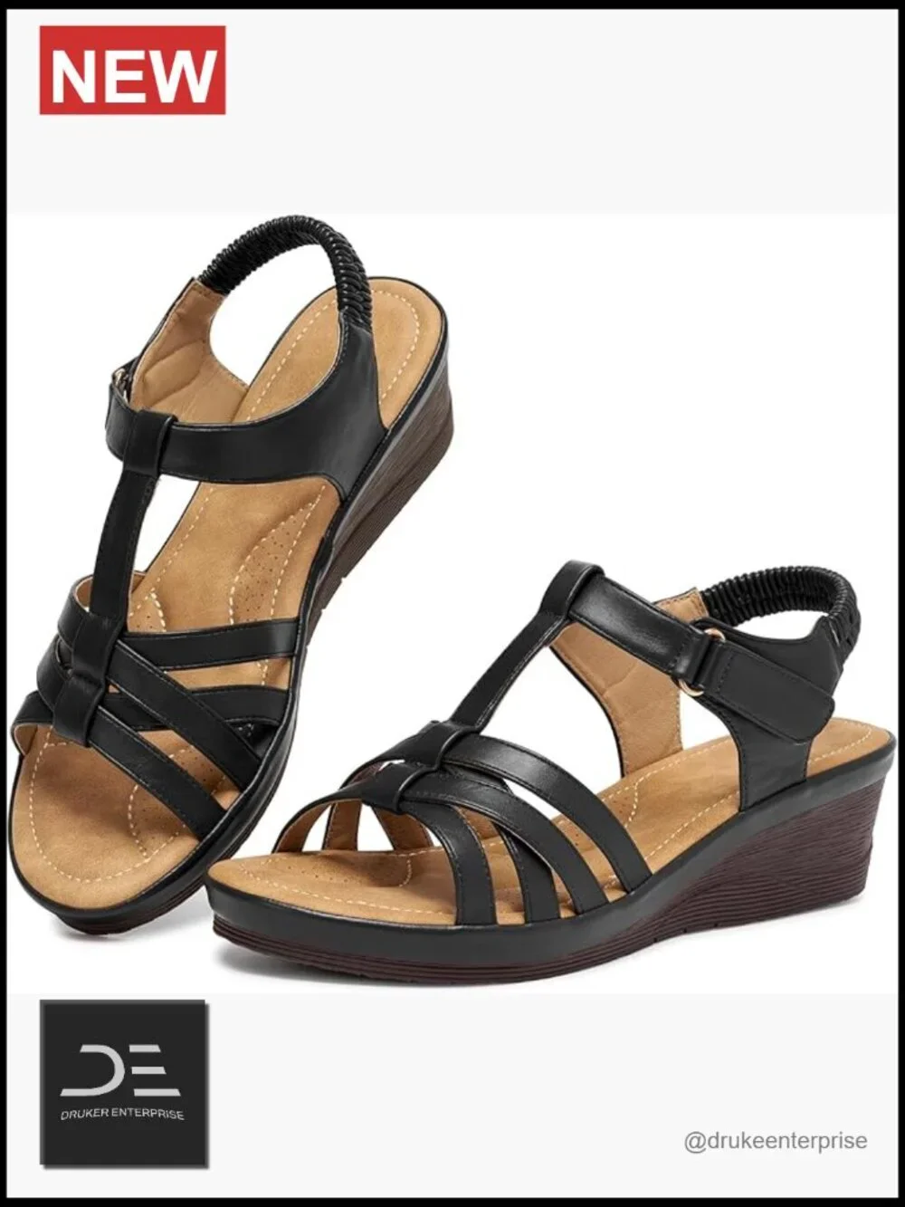 Wedge Sandals with Elastic Ankle Strap, Faux Leather, Cushioned Insole,